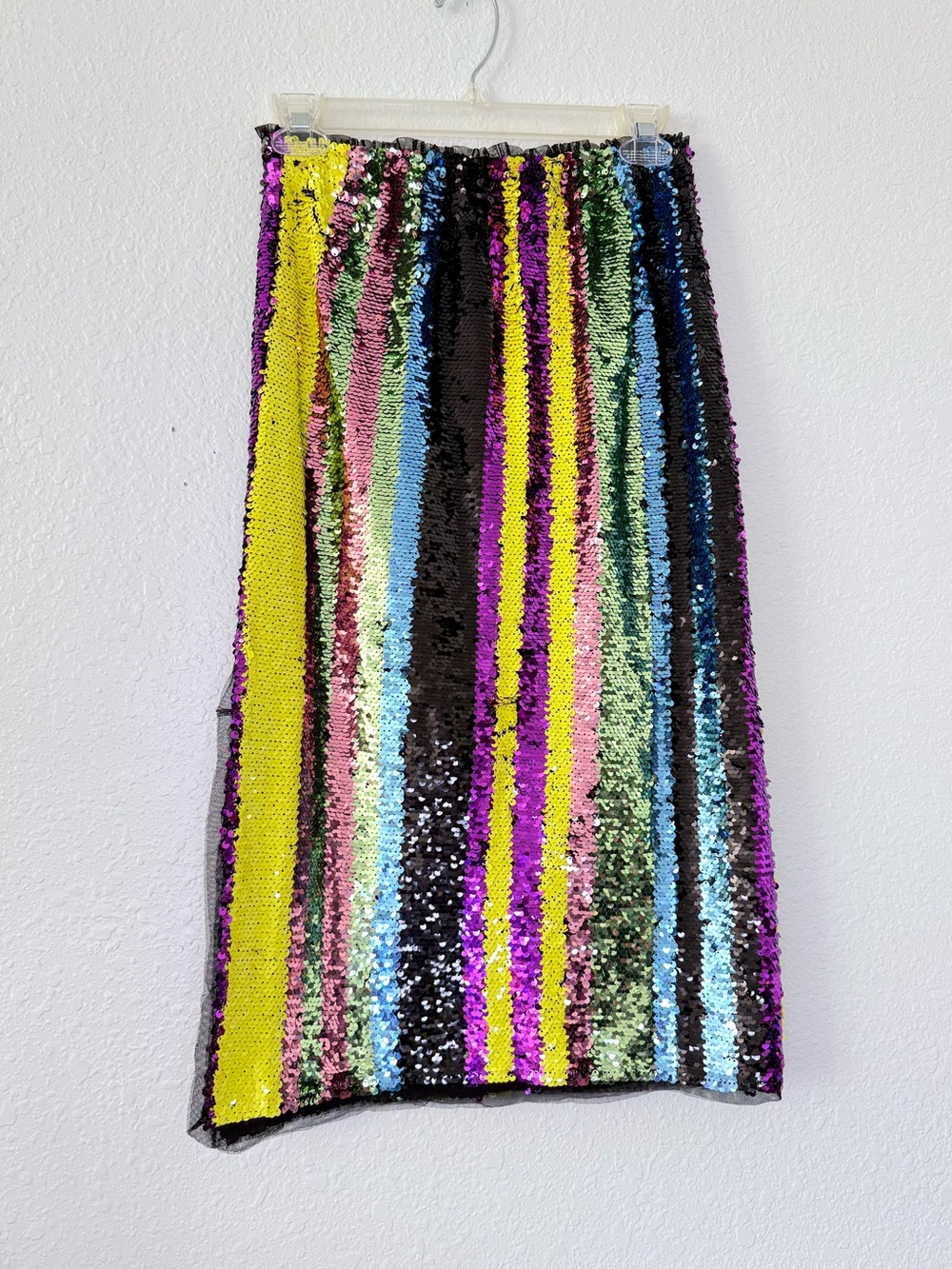 Grey Lab Striped Rainbow Shimmer Sequined Tulle Trim Side Split Pencil Skirt XS